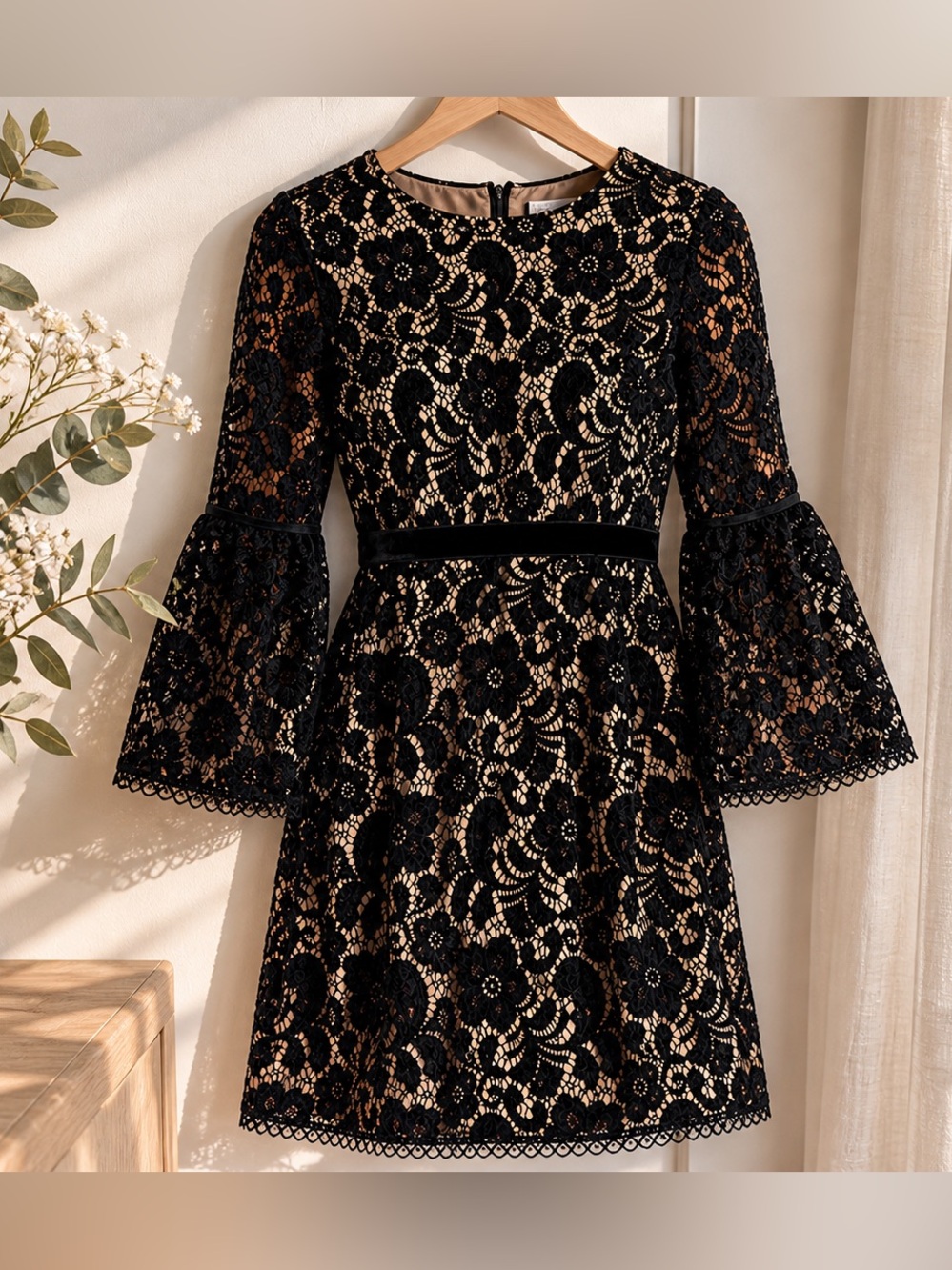 Eliza J Black Lace and Nude Dress Bell Sleeve Size 4